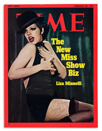 (ENTERTAINERS.) WAYNE, JOHN; AND LIZA MINNELLI. Two Time magazine covers, each Signed and Inscribed by Wayne or Minnelli,